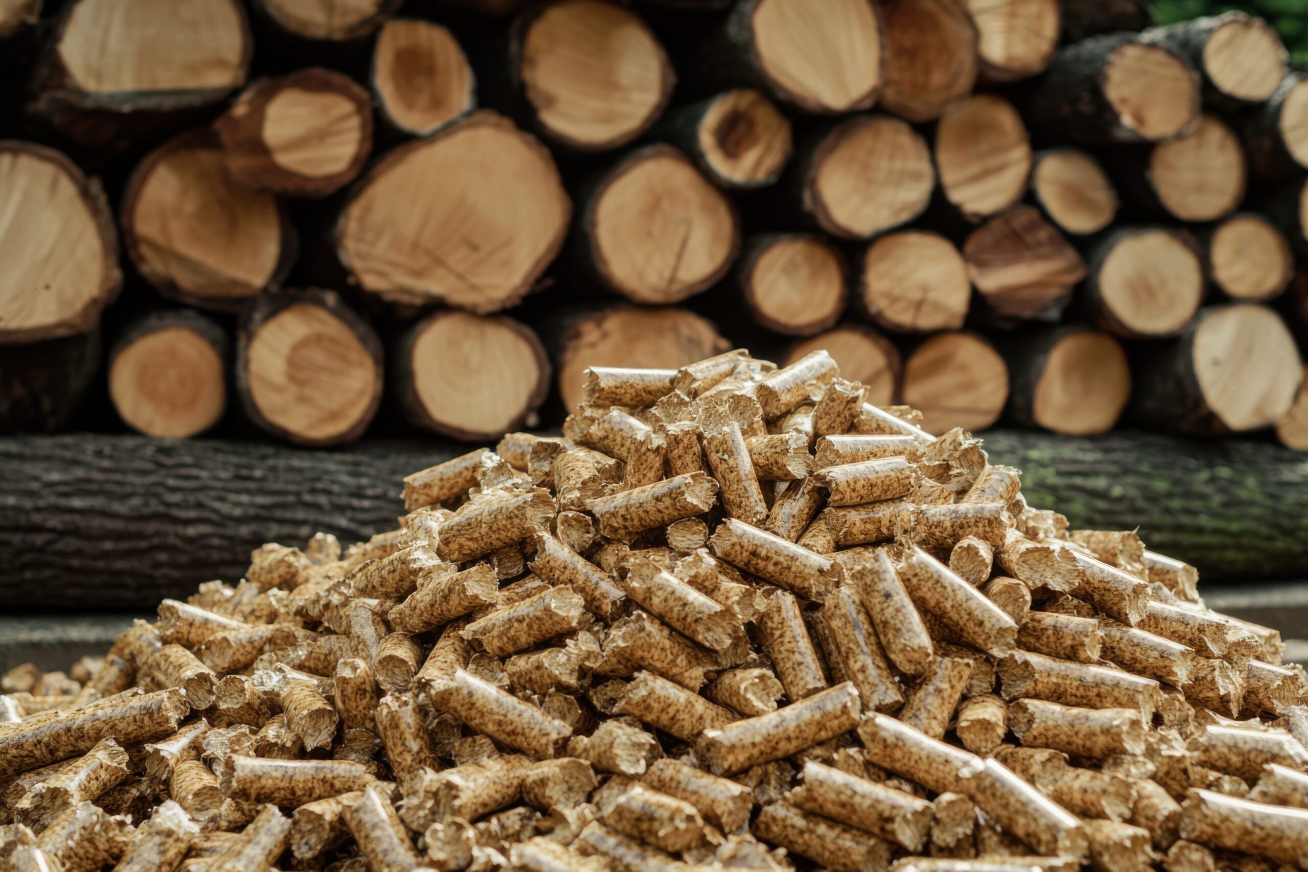 pile wood pellets foreground with stacked logs background showcasing sustainable energy resources 1 scaled