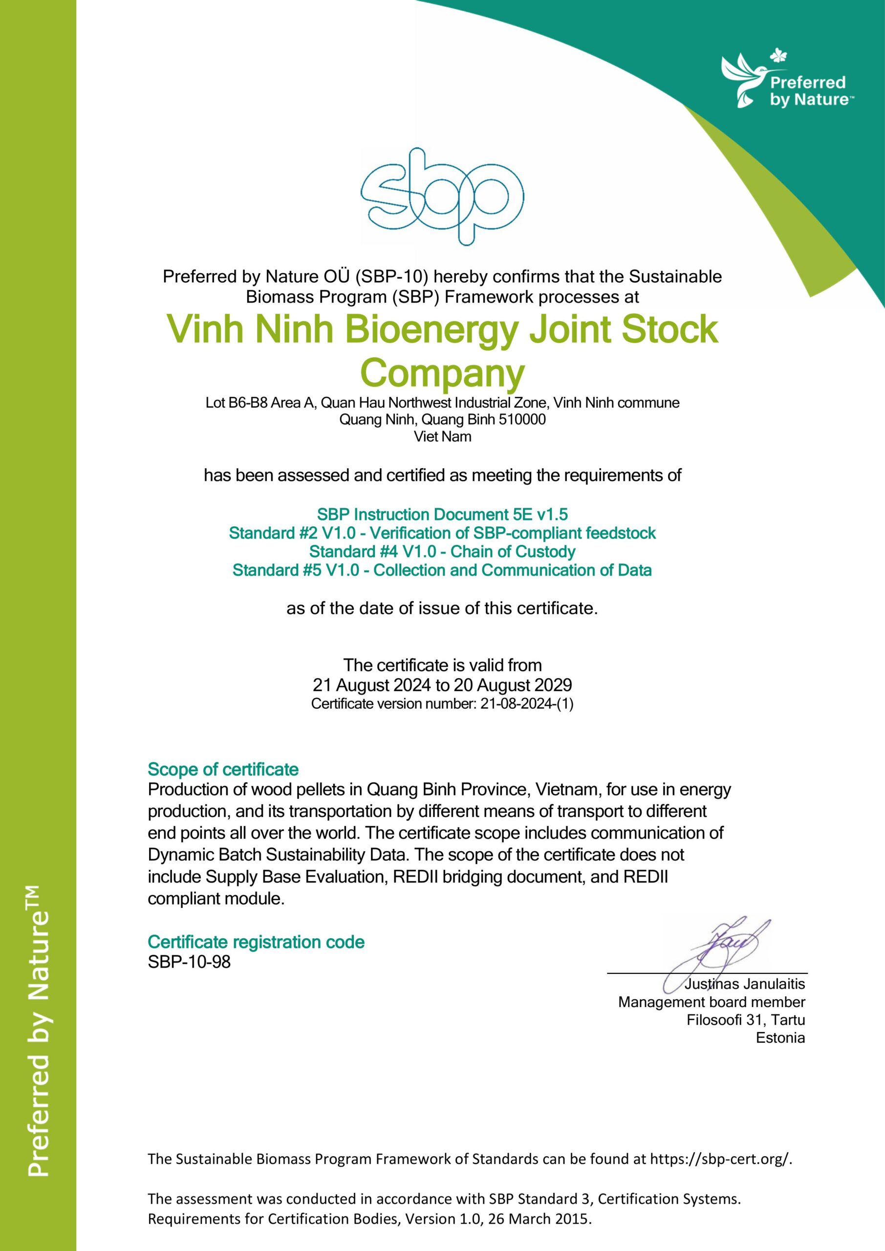 Vinh Ninh Bioenergy Joint Stock Company SBP Certificate 21.8.2024 scaled